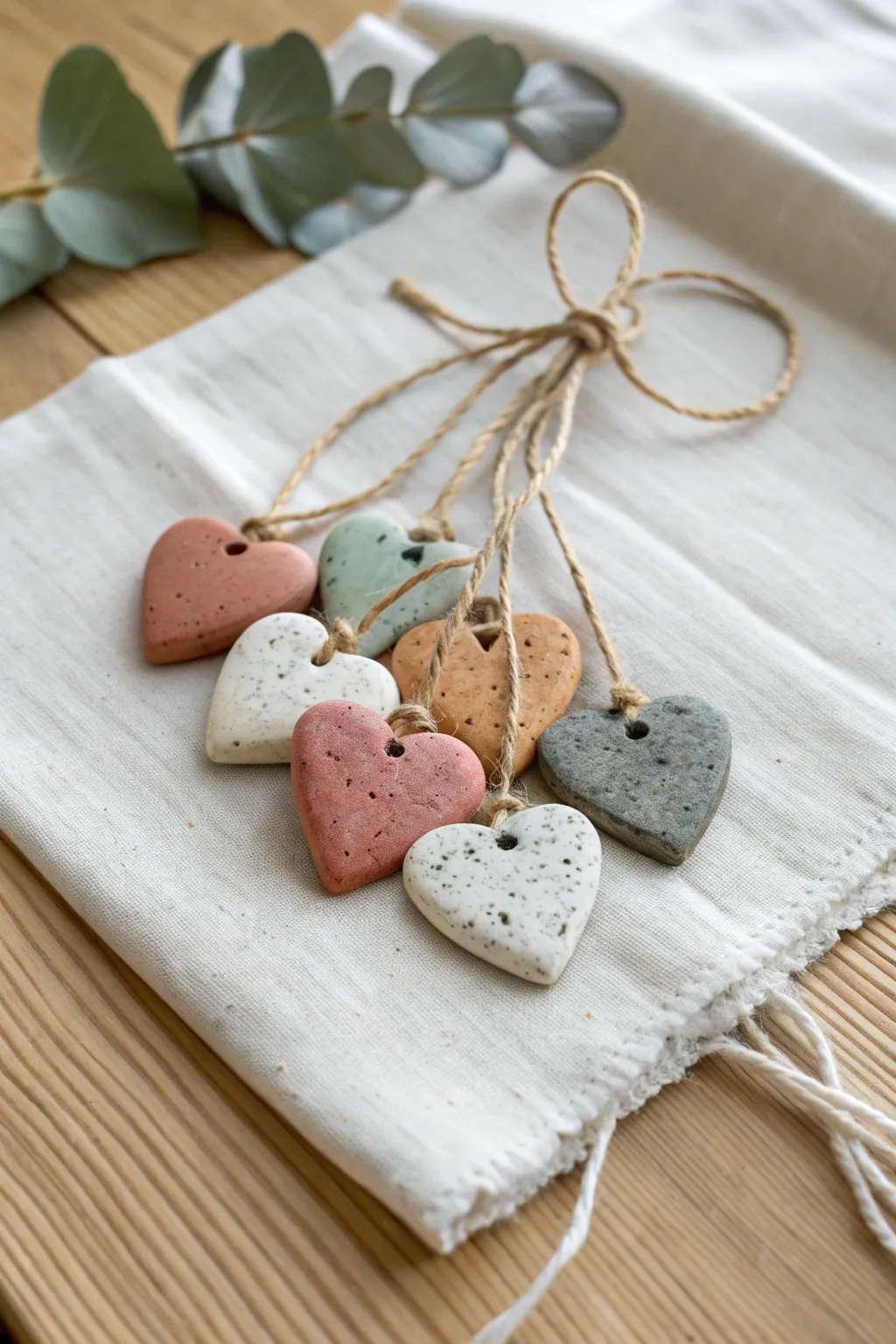 Handmade clay heart charms in soft earthy tones, minimalist love tokens with gentle texture.