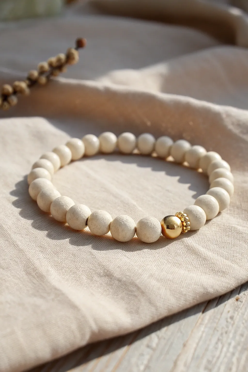 Ivory clay beads with a gold spacer every ten for an easy, rhythmic bracelet design.