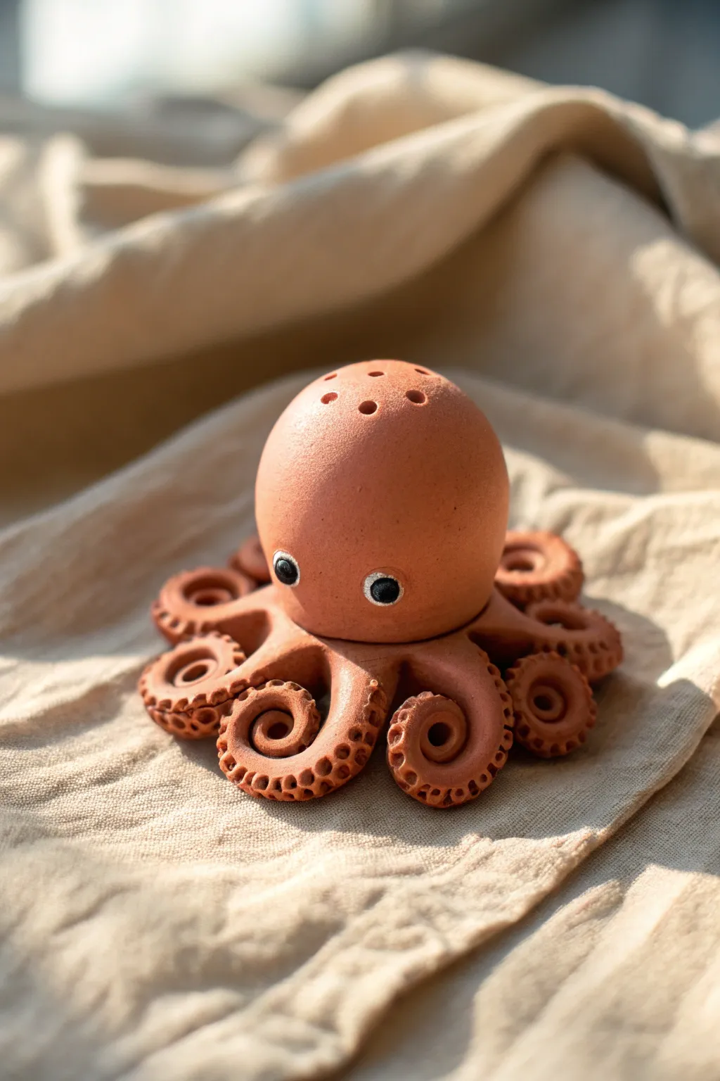 Beginner-friendly clay octopus with coil tentacles, styled in a minimal Scandinavian boho scene