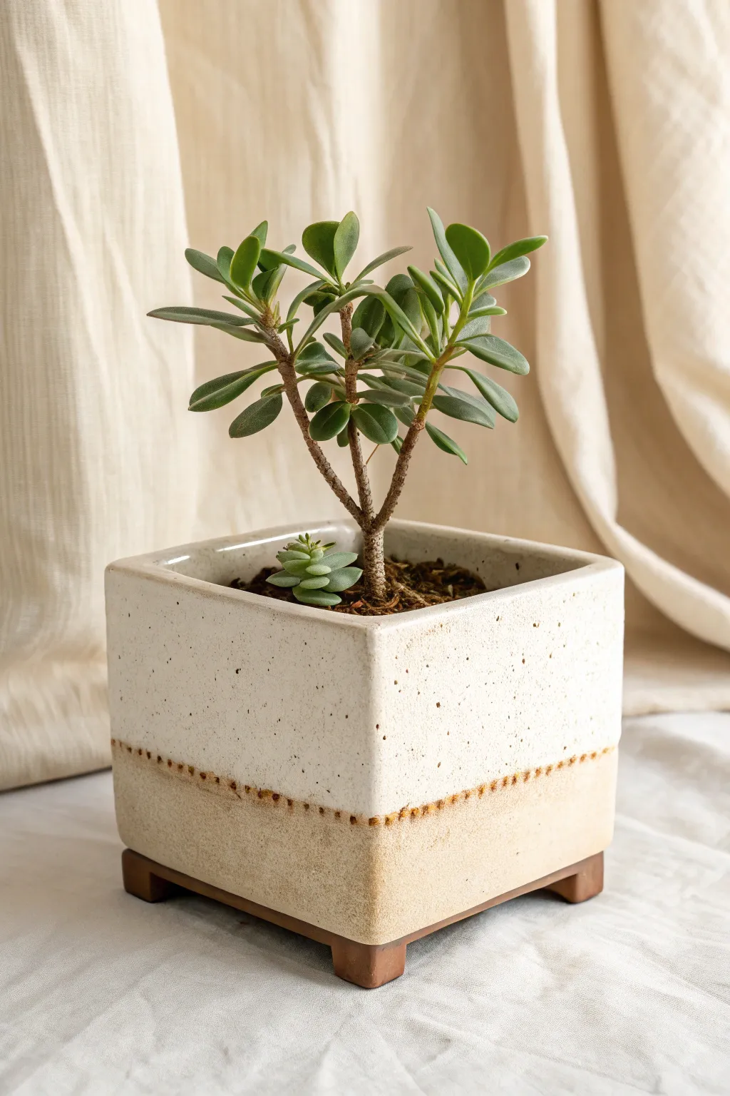 Chunky slab planter box with little feet, earthy clay and a soft glazed band for calm vibes