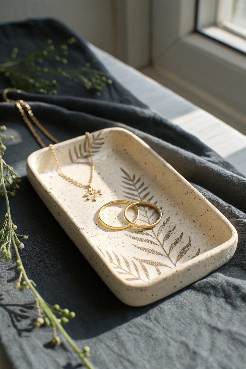 Softly pinched slab tray with stamped texture, styled with rings and a delicate necklace chain.