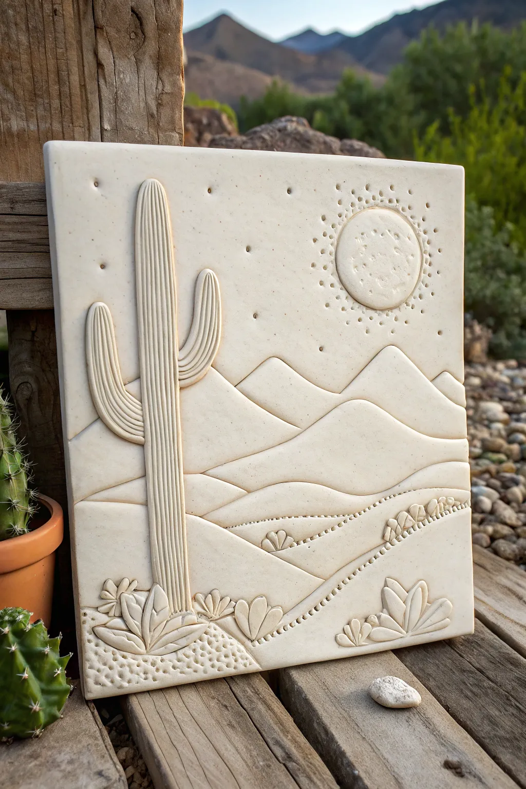 Layered cactus slab relief tile with simple textures, warm desert tones, and clean minimalist contrast
