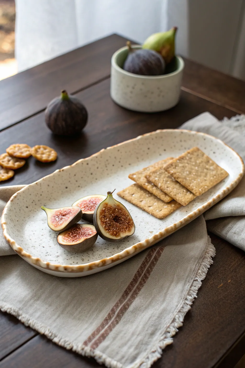 Handmade wavy rim slab tray styling idea with simple snacks for cozy minimalist tables
