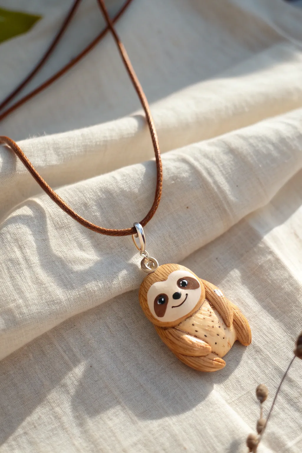 Minimal sloth clay pendant necklace with soft tan details and a simple cord, calm and cozy