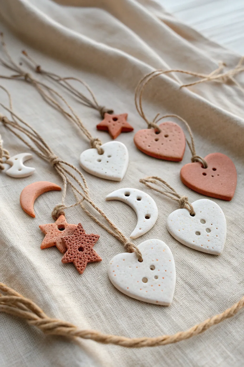 Mini air-dry clay pendant charms in soft neutrals, a sweet minimalist boho set to hang.