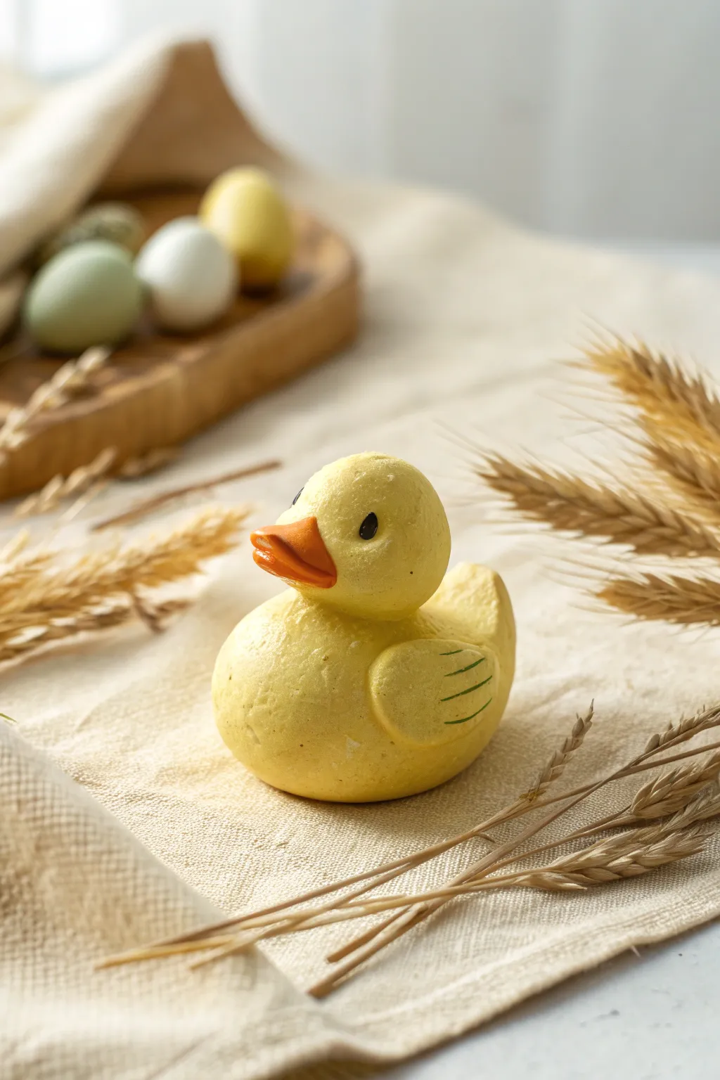 Glossy mini clay duck with a sweet button beak, styled in soft Scandinavian boho tones