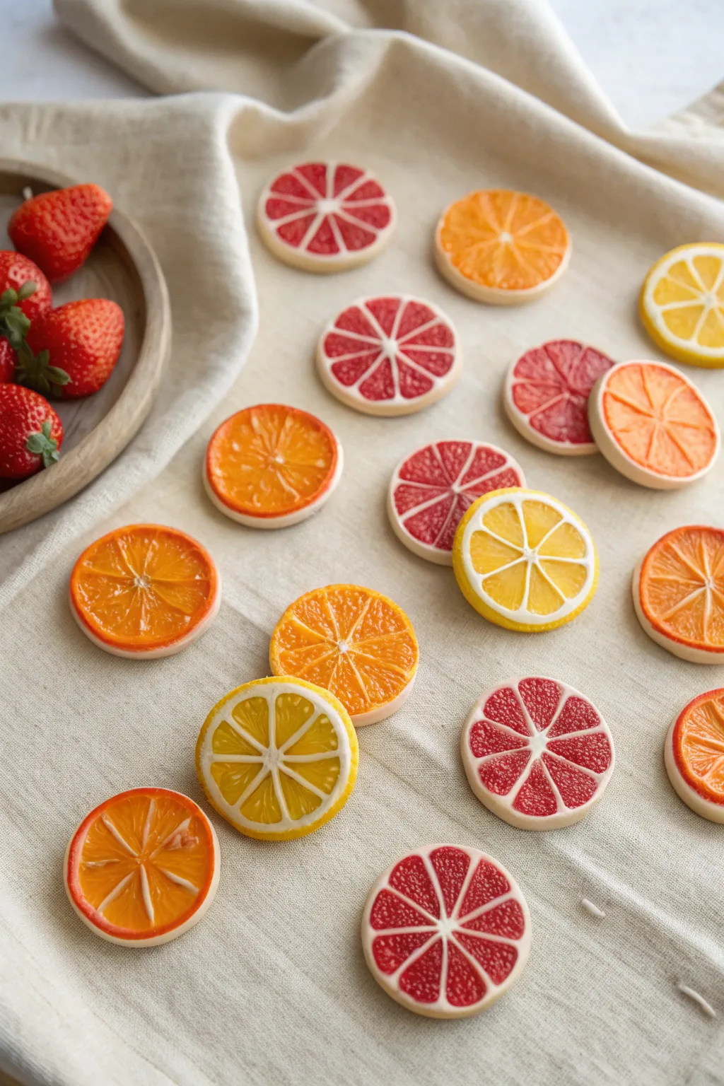 Tiny clay fruit slice magnets in a neat grid, bright citrus tones on soft linen.