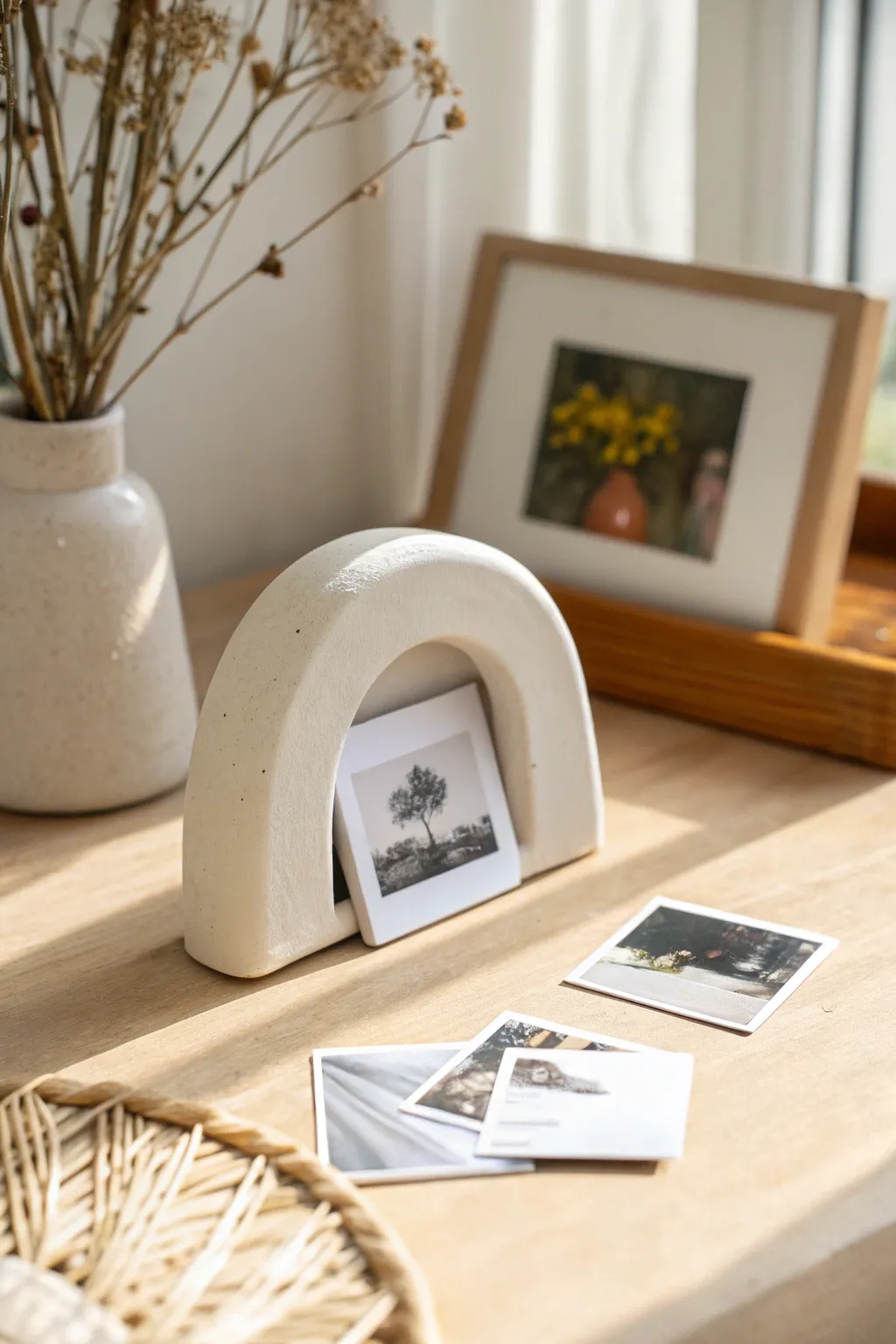 Modern mini clay photo holder idea: a simple arch with a slit to display a small print.
