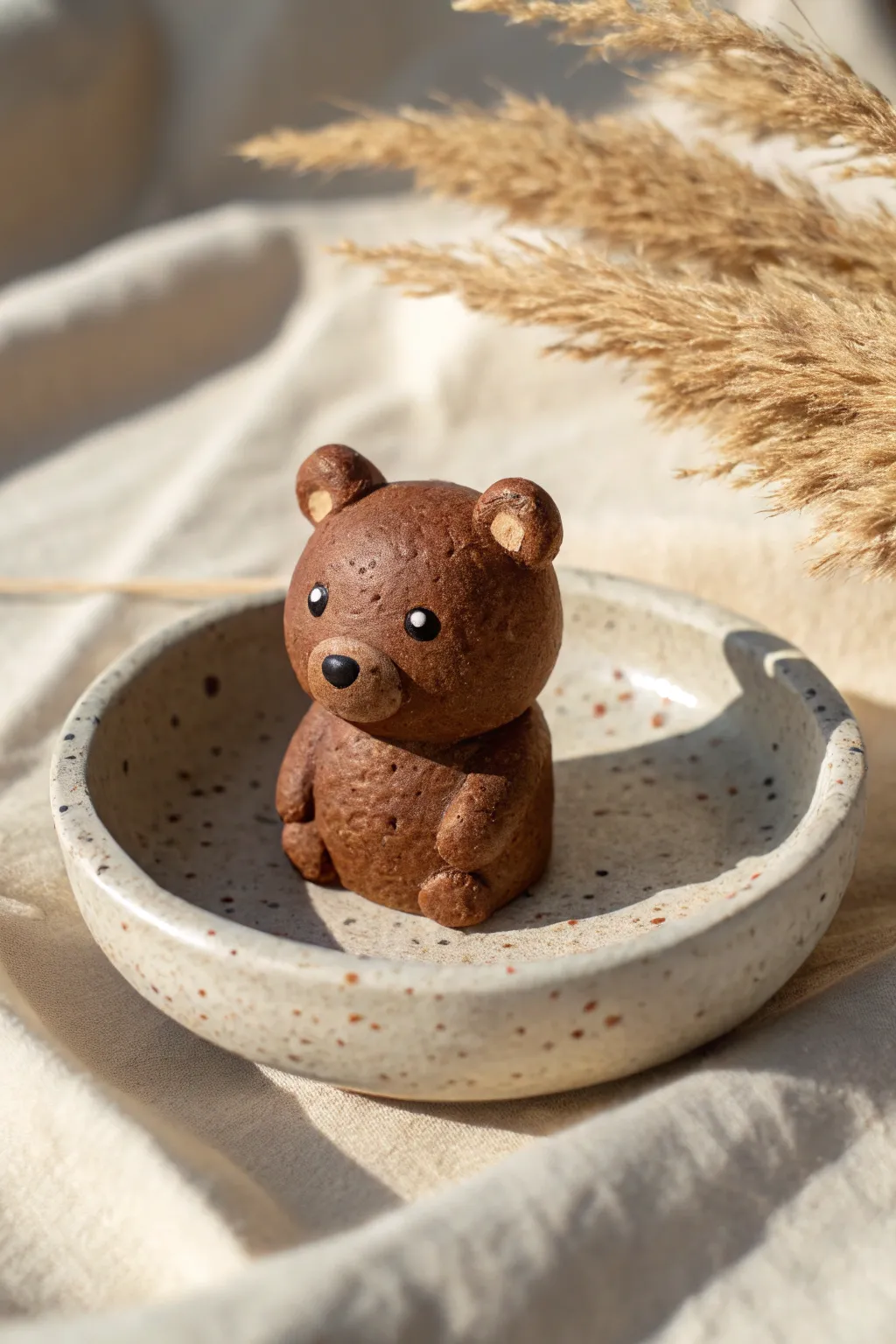Sweet mini bear cub blob figurine in warm neutral tones, Scandinavian minimal with boho glow.