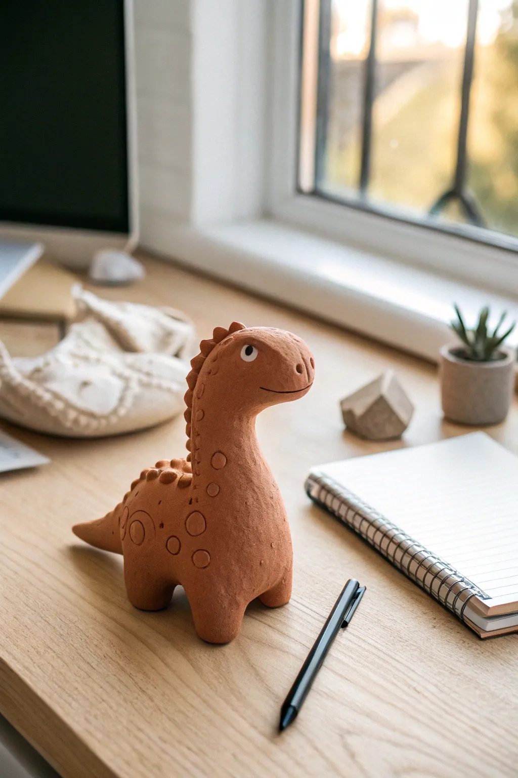 Palm-sized clay dinosaur desk buddy for instant joy, styled in a warm minimalist workspace.
