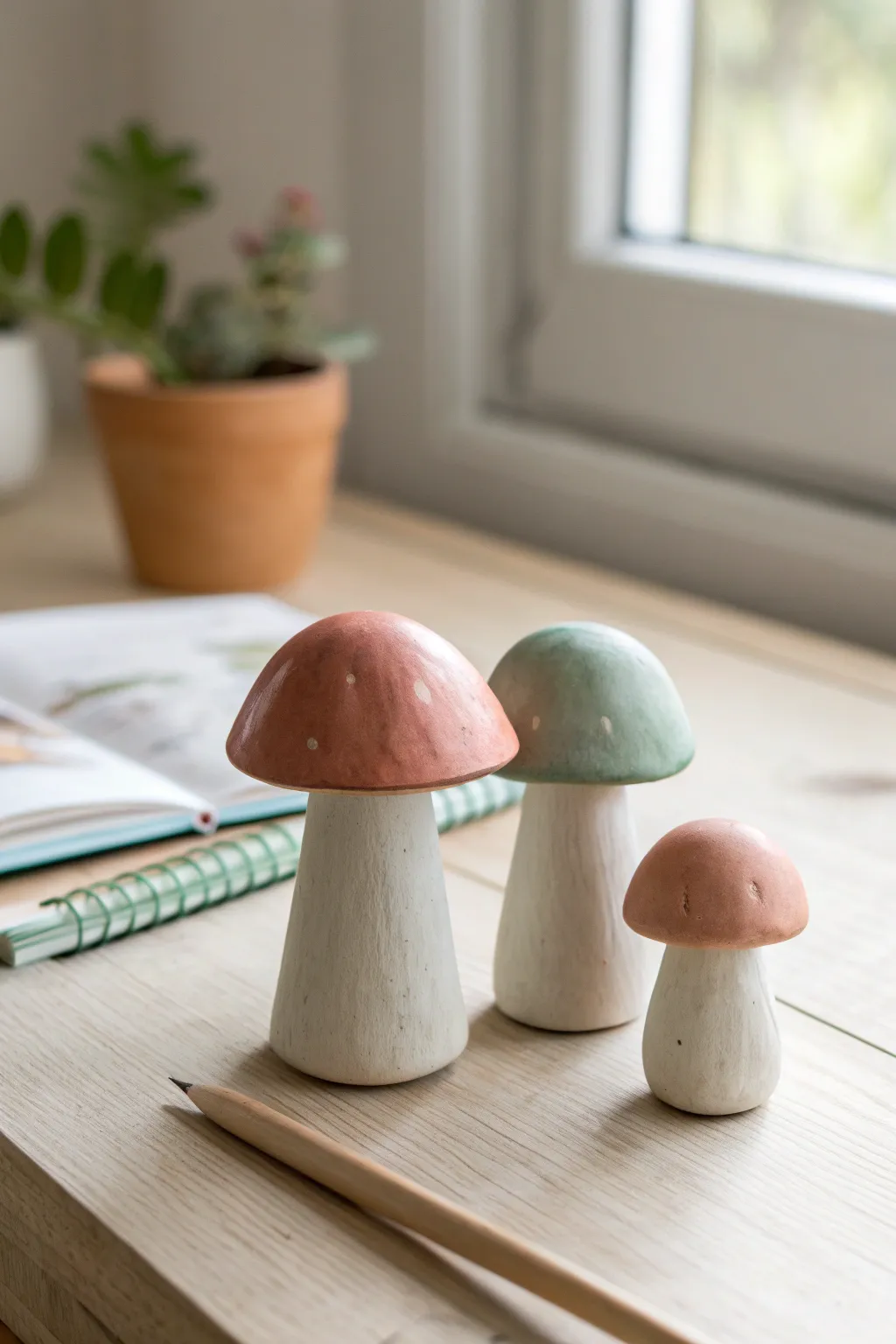 Tiny clay mushrooms in soft earthy colors, simple beginner-friendly figurines with pencil for scale
