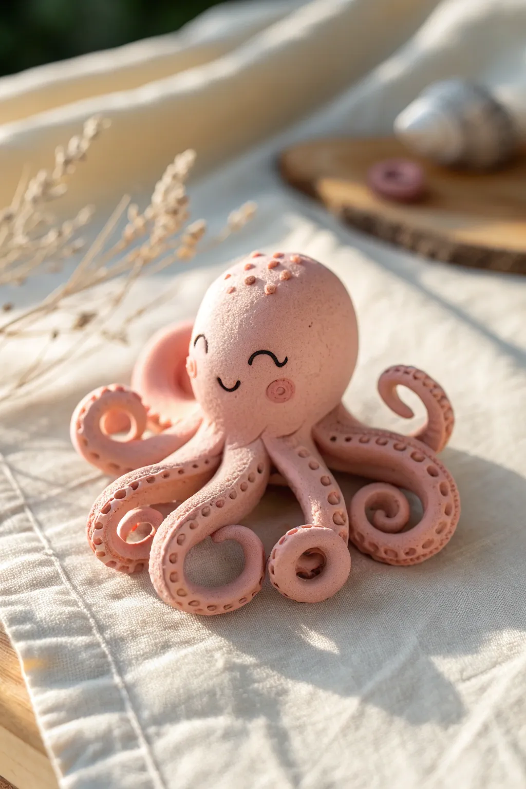 Pocket-size pink clay octopus with curly arms, a sweet and easy kids pottery project