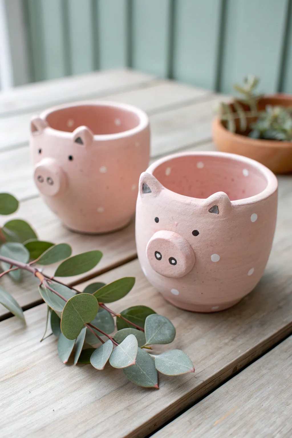 Sweet piglet clay pots in blush pink, styled minimally with greenery for a cozy patio vibe