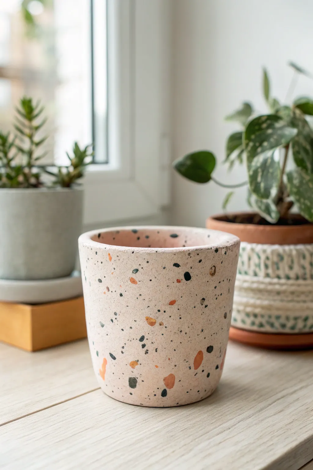 Terrazzo-speckled tiny clay pot in soft neutrals for an easy, modern DIY shelf accent.