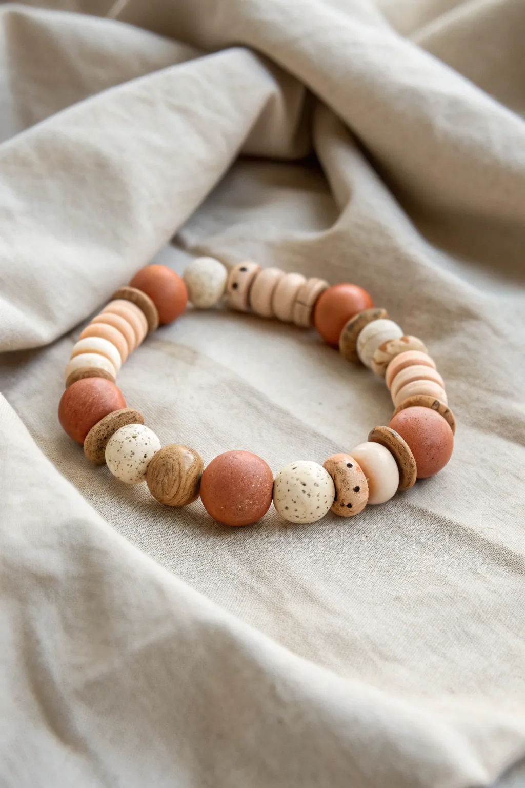Minimal clay bead bracelet in warm neutrals, simple shapes and soft linen for cozy contrast