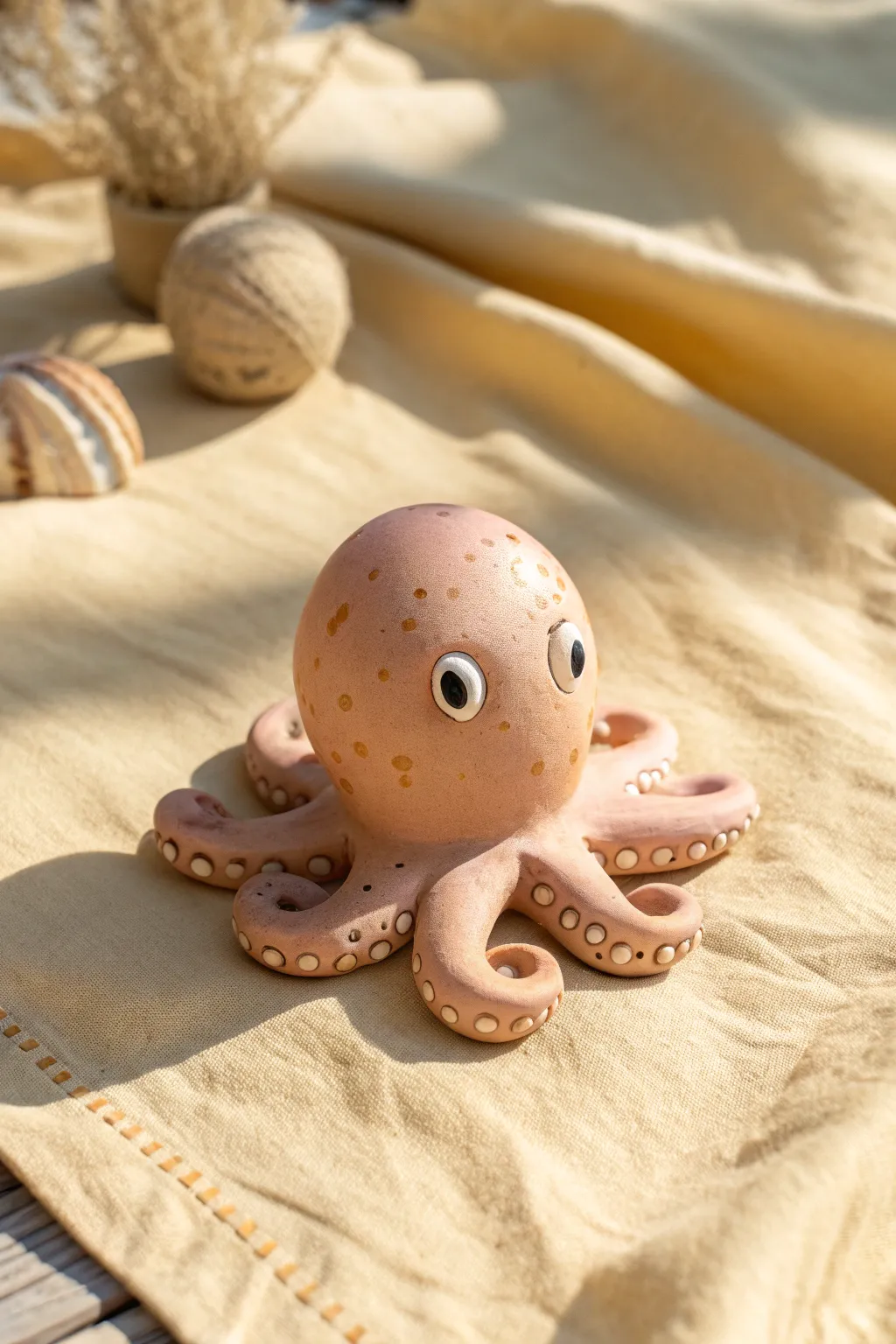 Pocket-sized clay octopus with big eyes, simple two-tone details, and cozy minimalist styling