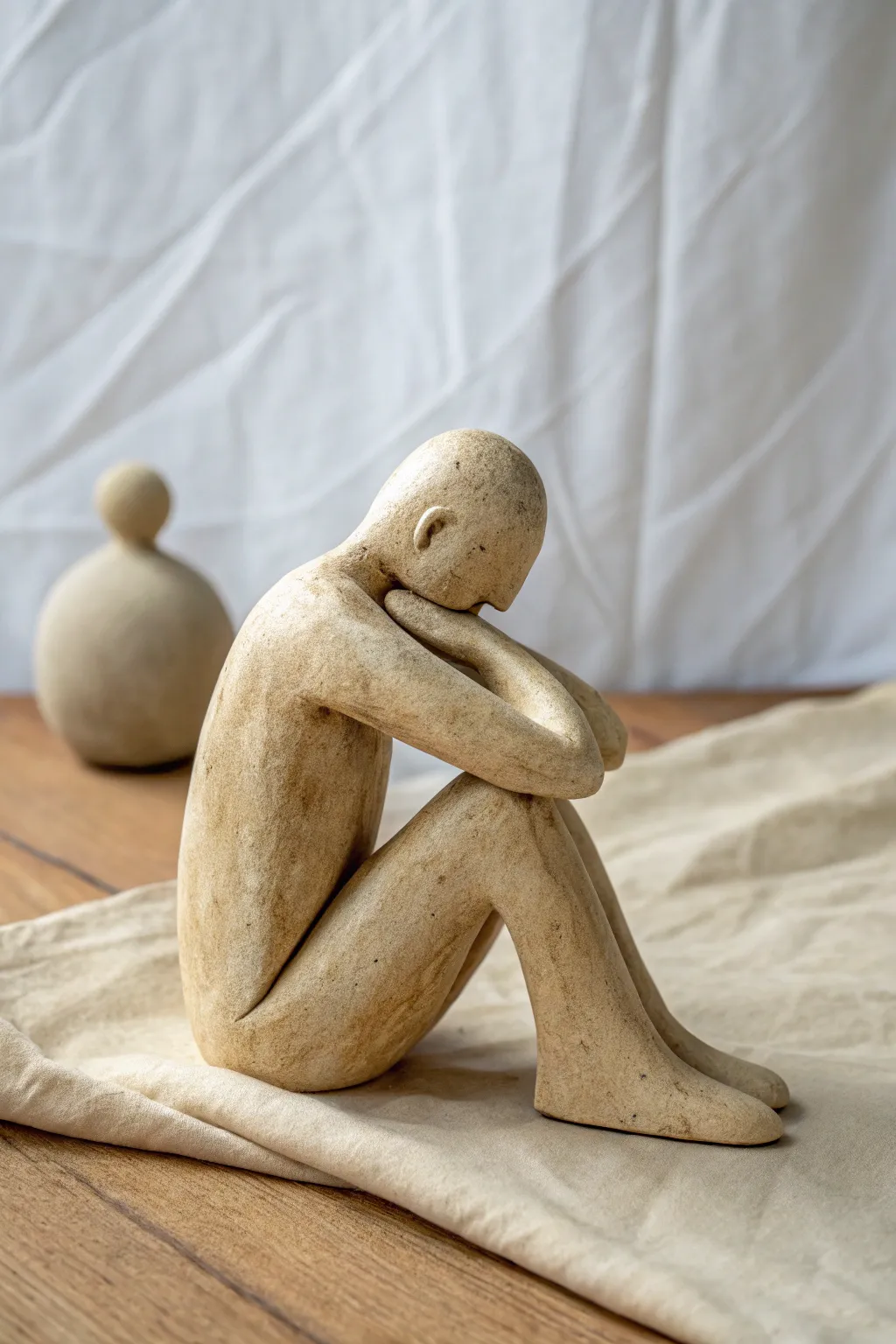 Minimal faceless thinker figure in matte beige, a calm small sculpture idea with modern boho warmth