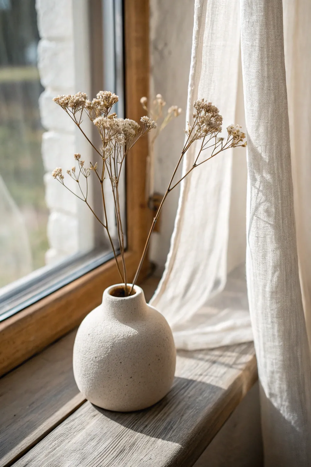Pocket-size pebble bud vase with dried stems, minimalist and softly sunlit on a windowsill