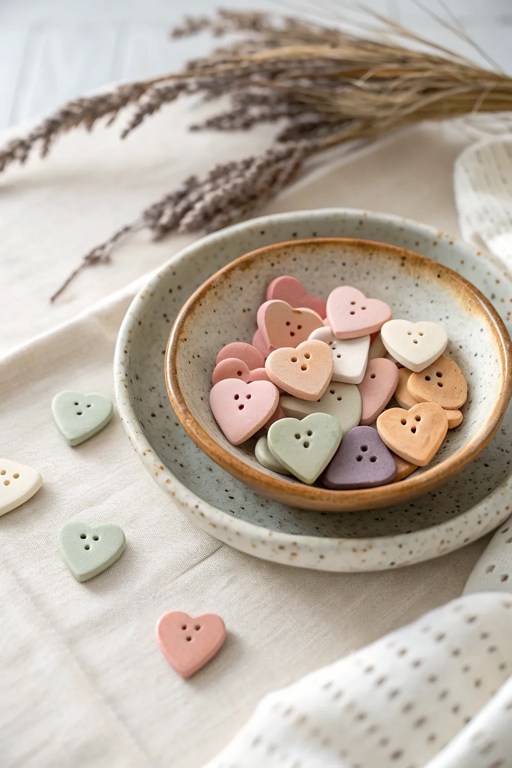 Tiny clay heart pocket tokens in a minimalist dish, perfect sweet micro gift ideas