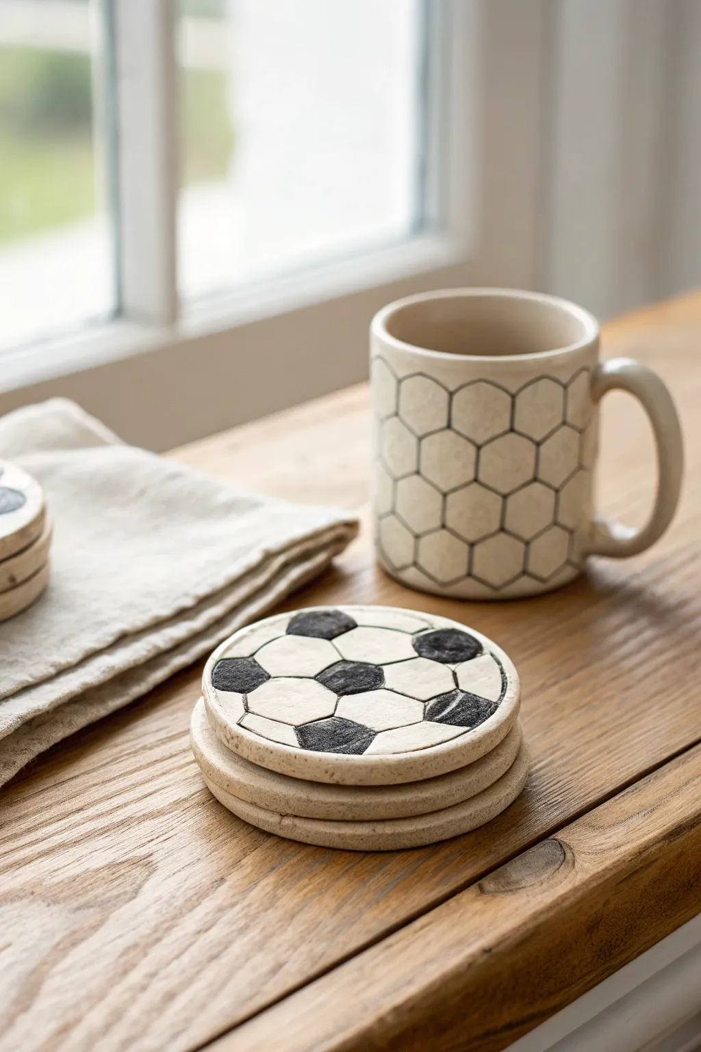 Handcrafted soccer ball coasters in minimalist ceramic style, perfect for cozy game day drinks.