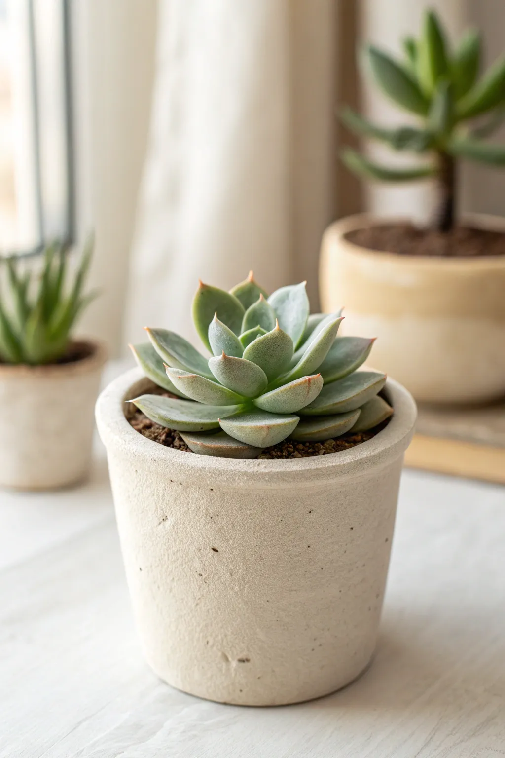 Soft clay mini succulent pot in muted greens and a neutral planter, Scandinavian boho calm.