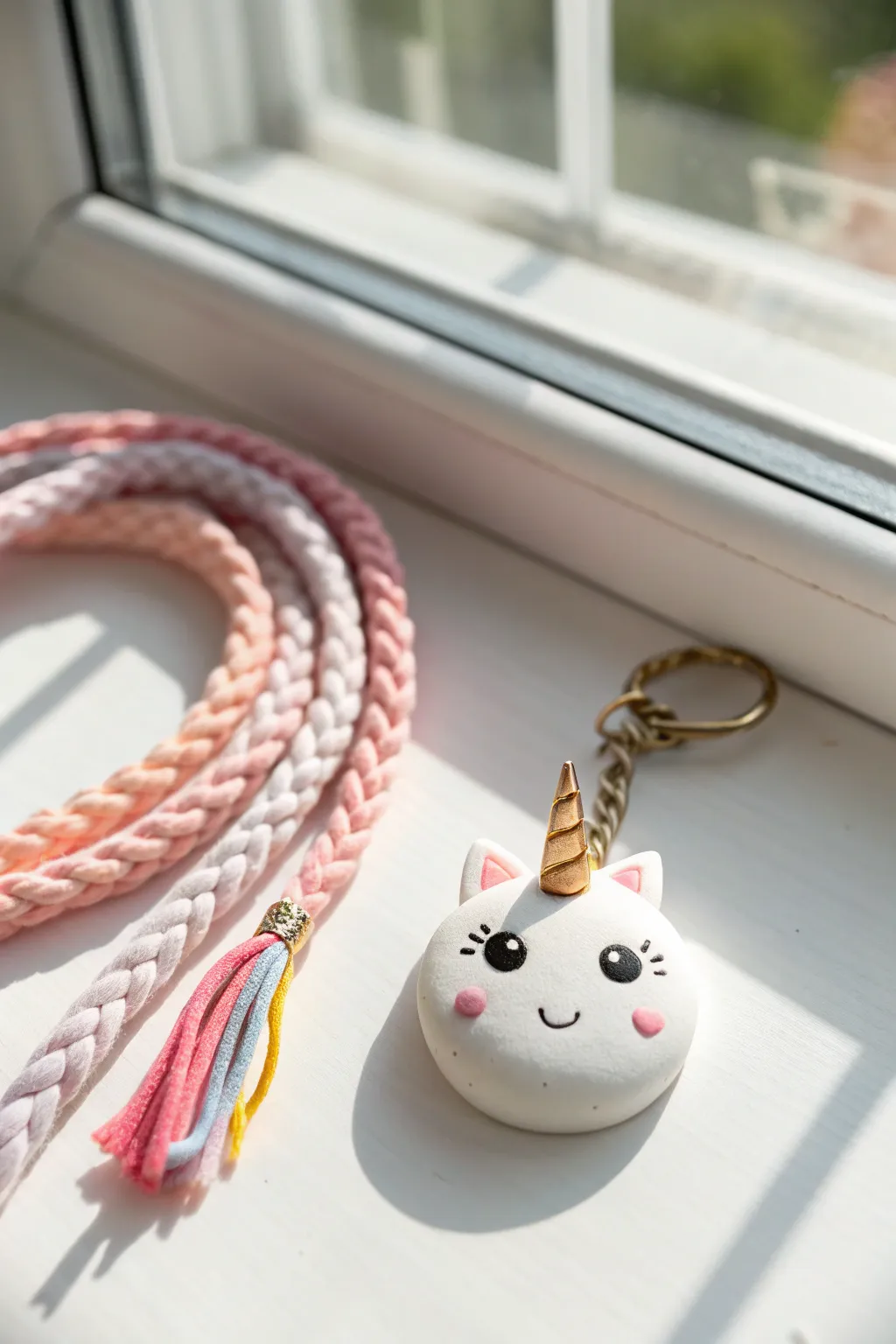 Sweet unicorn clay charm with a simple twisted horn and rainbow mane, perfect for kids crafts