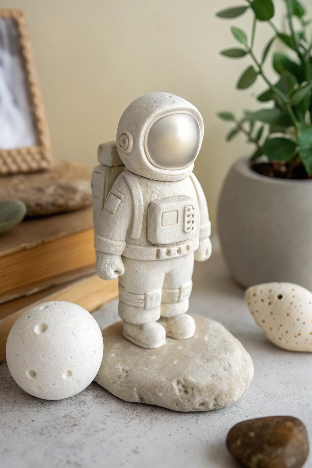 Chunky clay astronaut buddy with a bold visor and tiny moon rock, minimal, cozy, and cute
