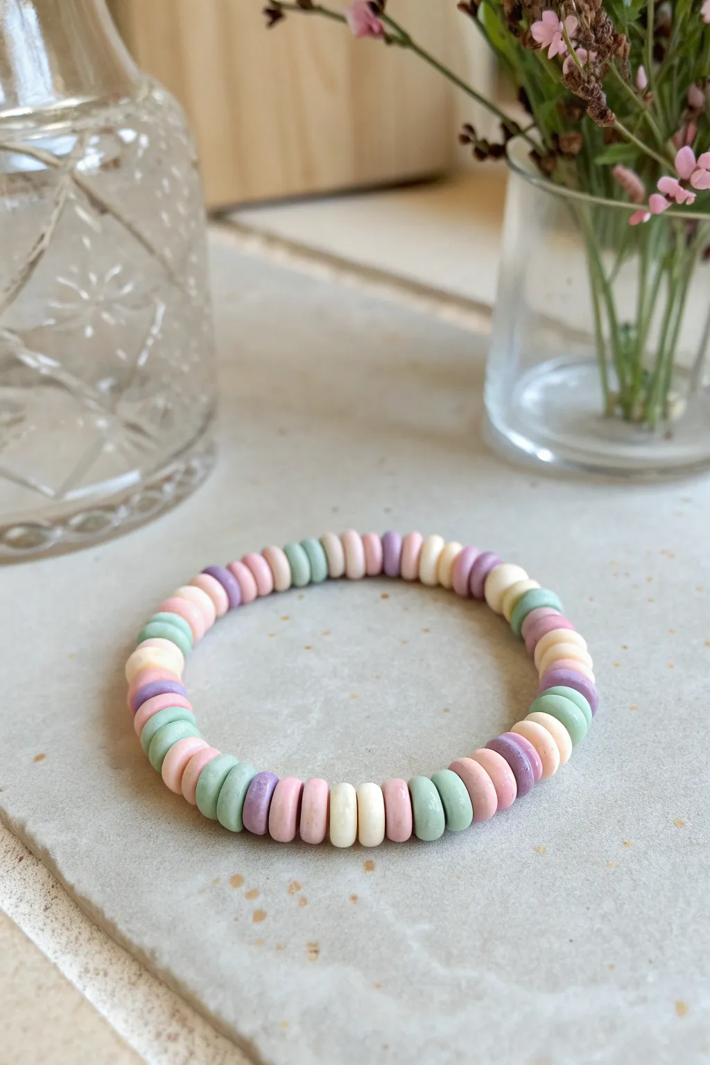 Pastel disc beads and tiny flower spacers create an easy spring bracelet with a fresh, airy vibe.