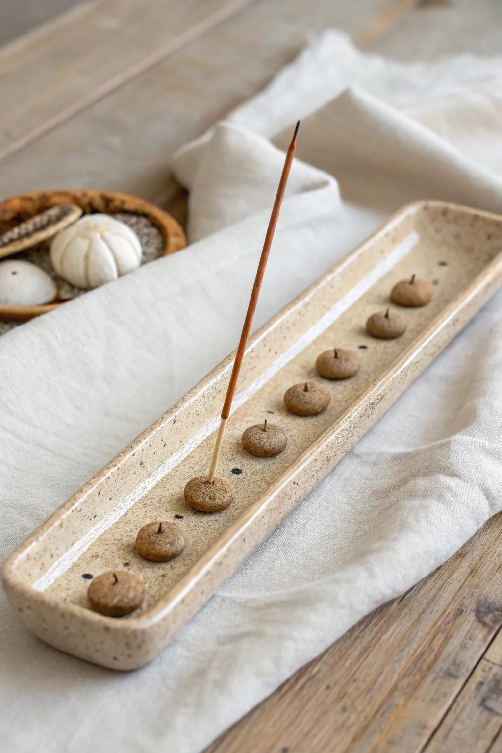 Minimal mushroom forest incense tray in warm stoneware tones for cozy stoner room decor.