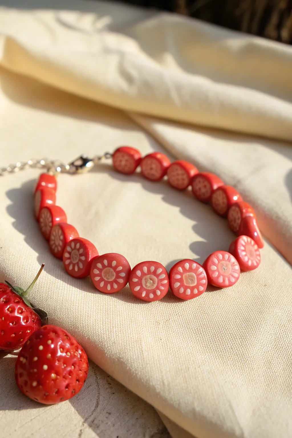 Sweet and minimal strawberry slice bead bracelet, perfect for a soft Scandinavian boho vibe.