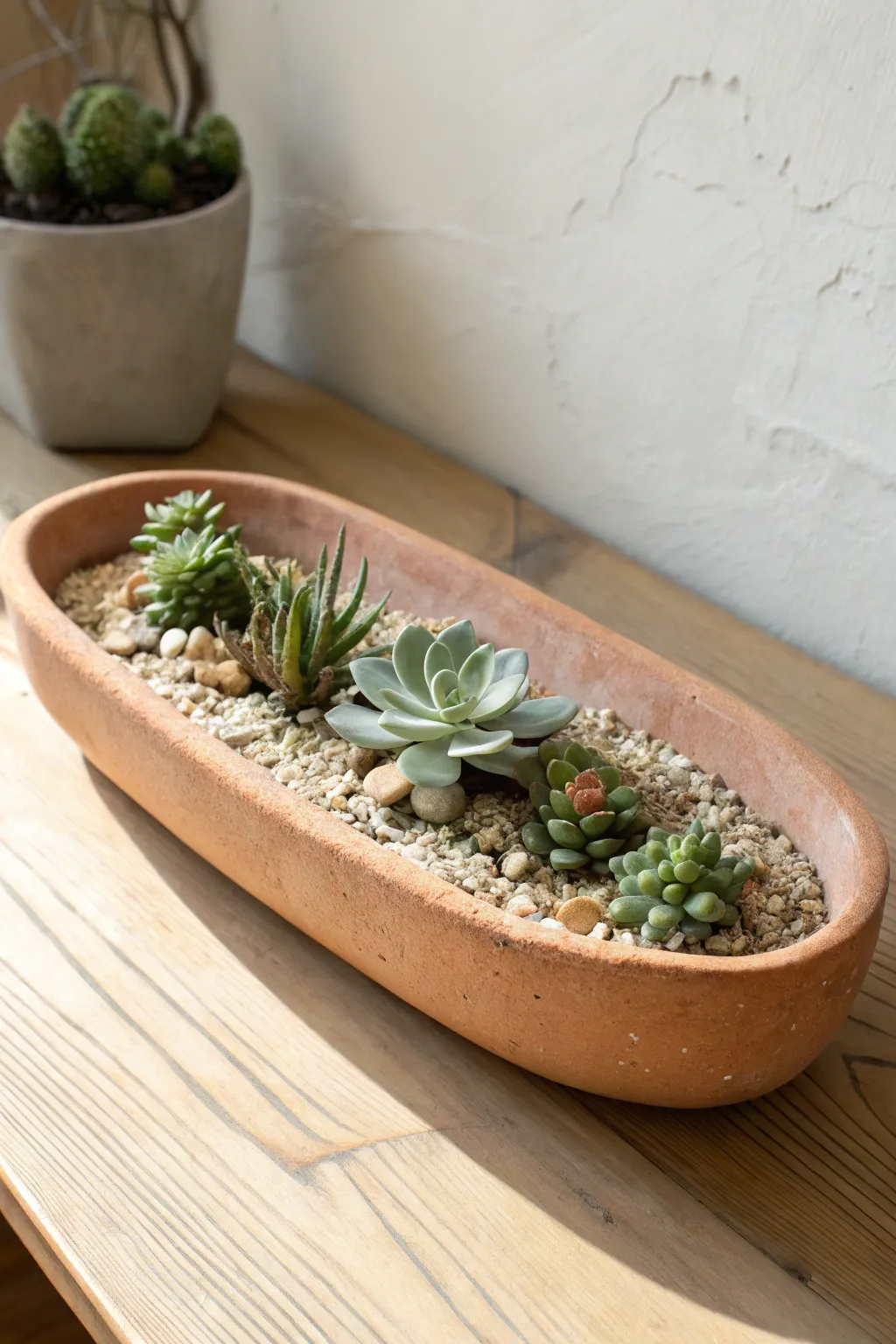 Rustic dough-bowl succulent tray with warm crushed stone, minimalist Scandinavian boho charm.
