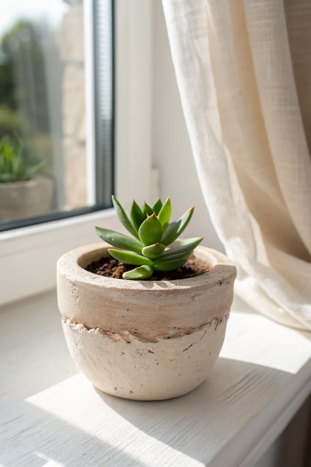 Mini air dry clay pinch pot with a fresh succulent, styled bright and minimal for summer.