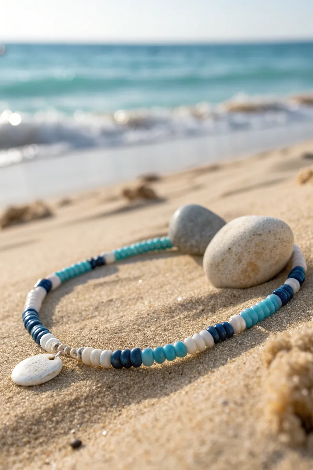 Ocean-tone heishi bracelet with wave pattern, styled on sunlit sand beside a smooth pebble