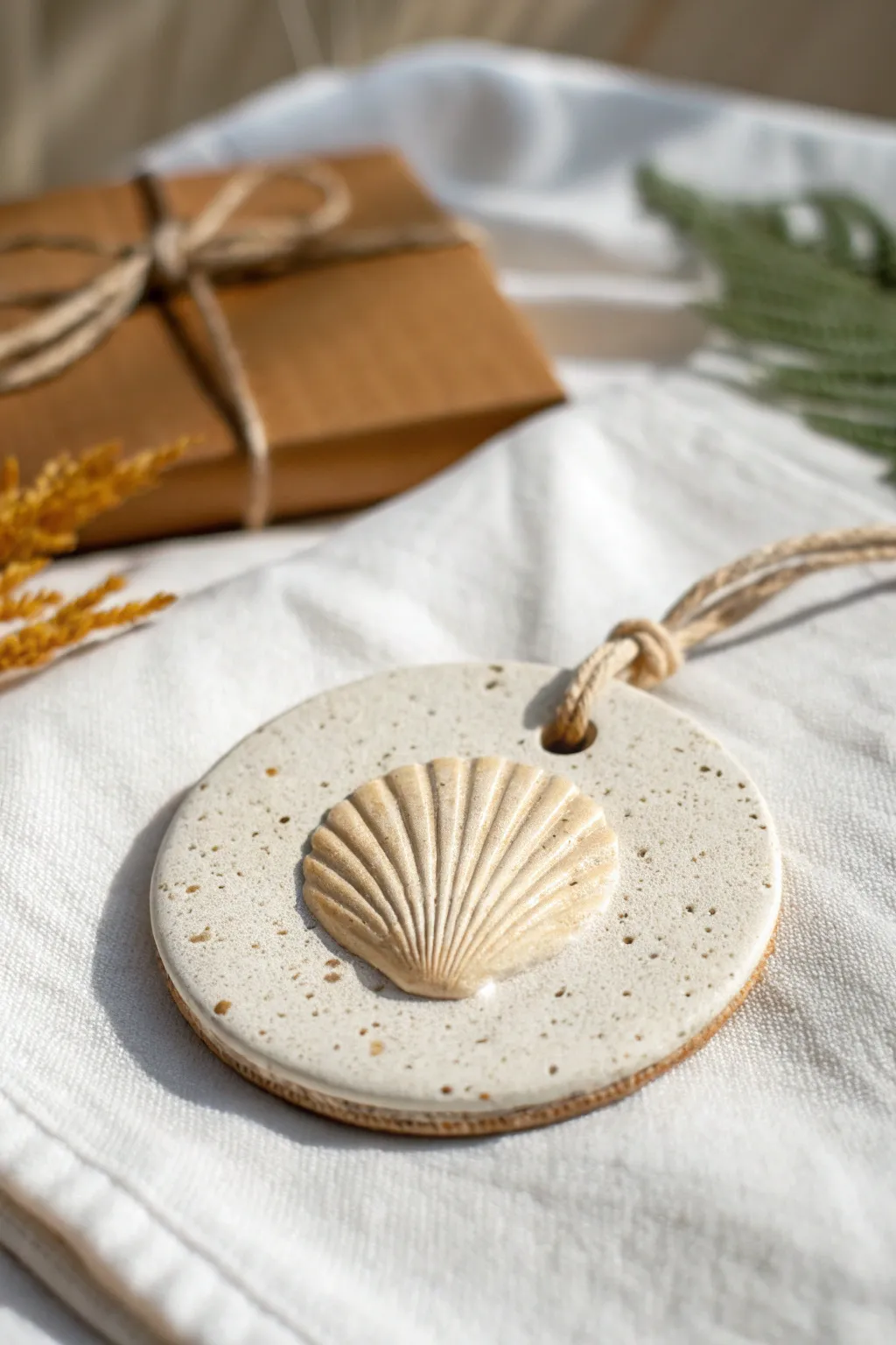 Sandy air-dry clay keepsake disc with a crisp seashell imprint and simple twine tie