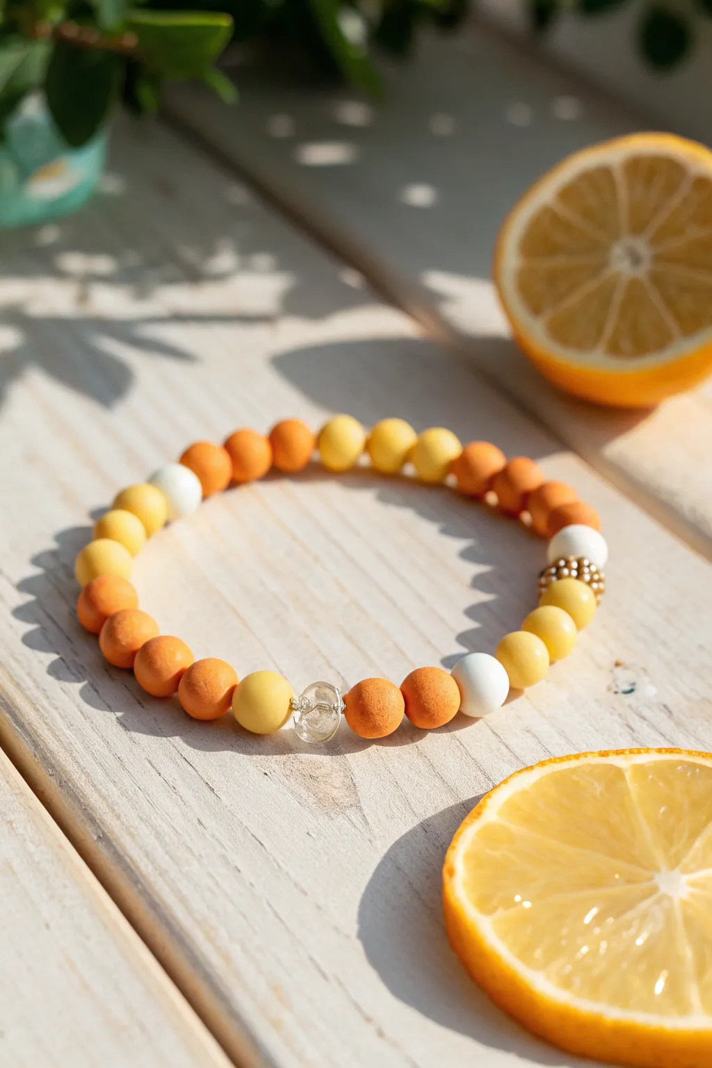 Citrus-bright clay bead bracelet in lemon, orange, and white for an easy, sunny summer look.