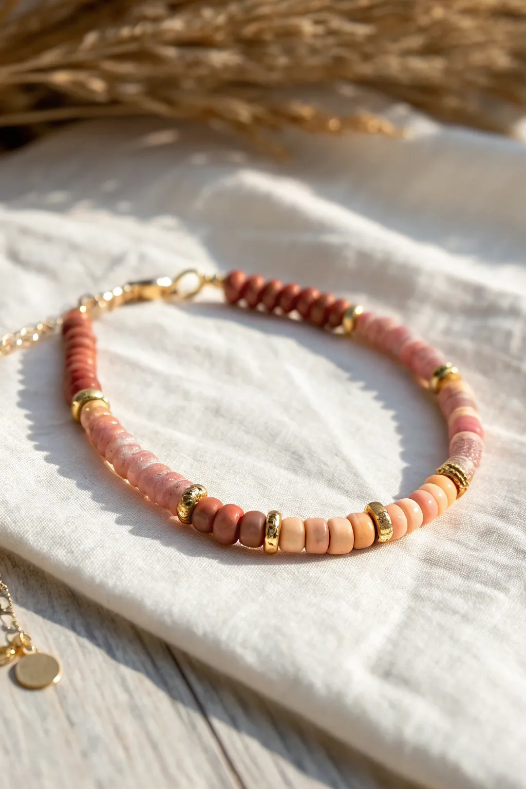 Sunset heishi bracelet with gold spacers for an effortless, sun-kissed minimalist boho look.