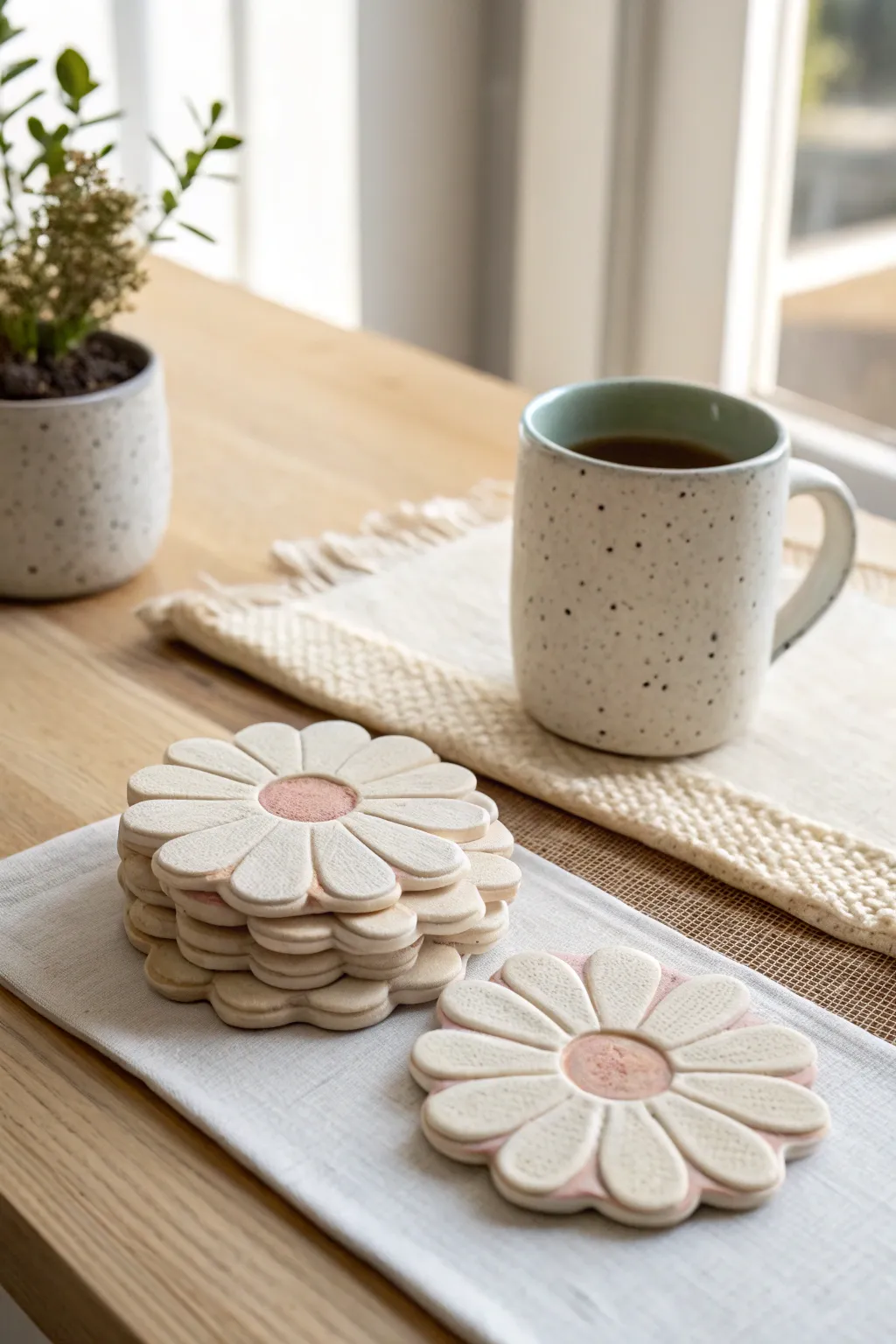 Soft petal super clay flower coasters in a calming stack, perfect for cozy minimalist tables.