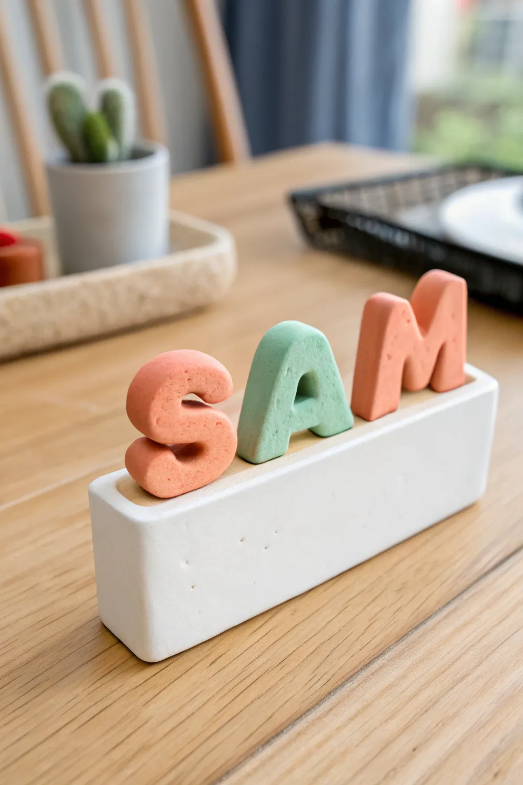 Minimal super clay name plate with puffy matte letters and bright contrast, cute and modern