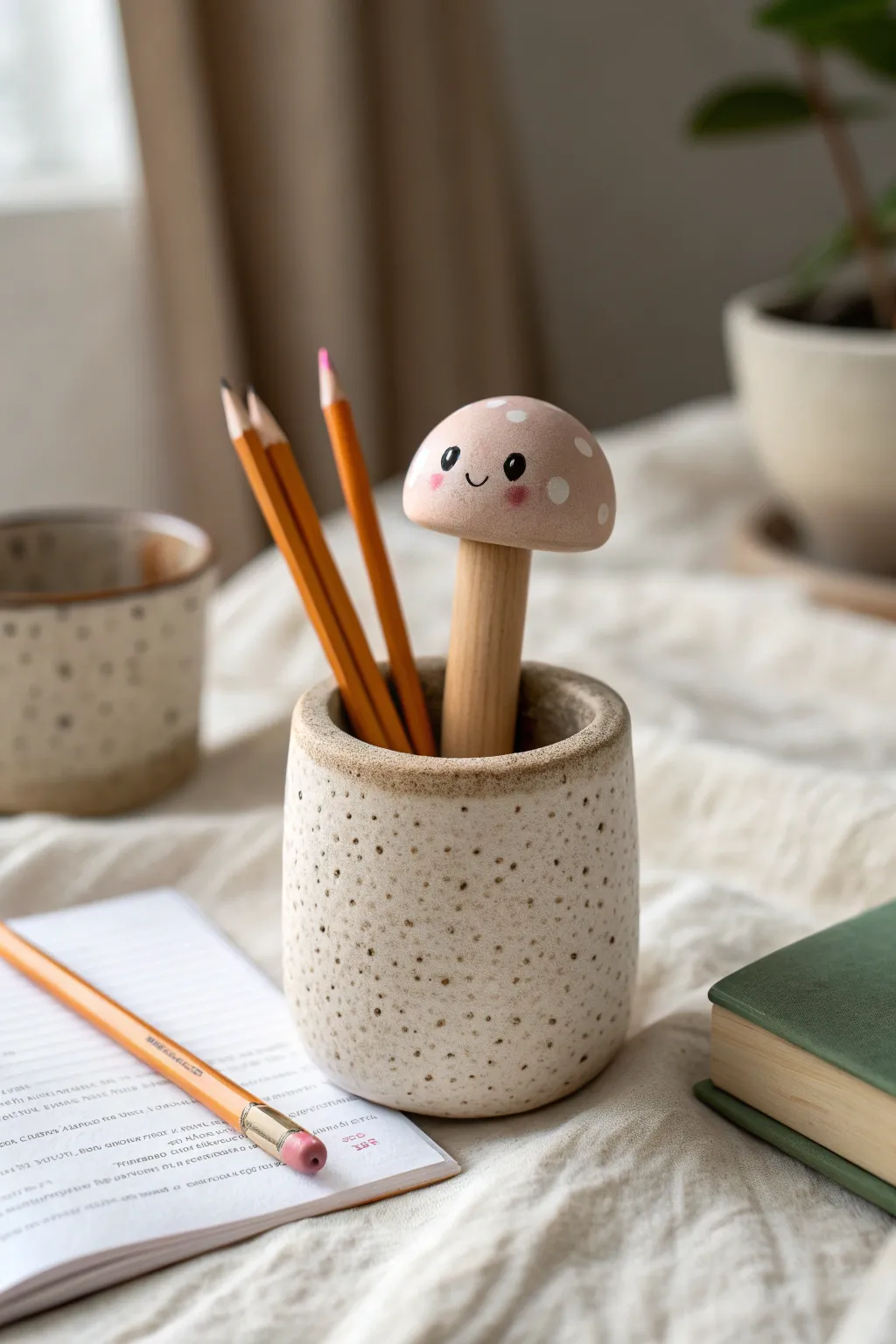 Soft super light clay mushroom pencil topper in a cozy cup, minimal and perfectly cute