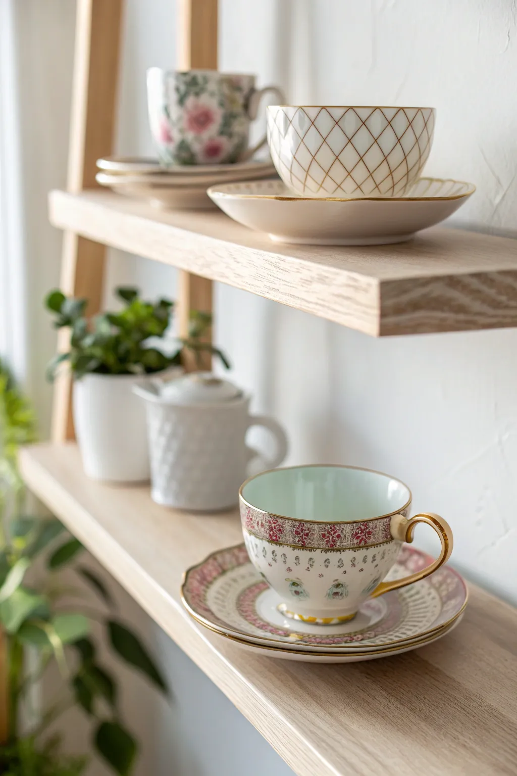 Layered vintage teacups on a minimalist shelf, patterns peeking out in soft Scandinavian light.