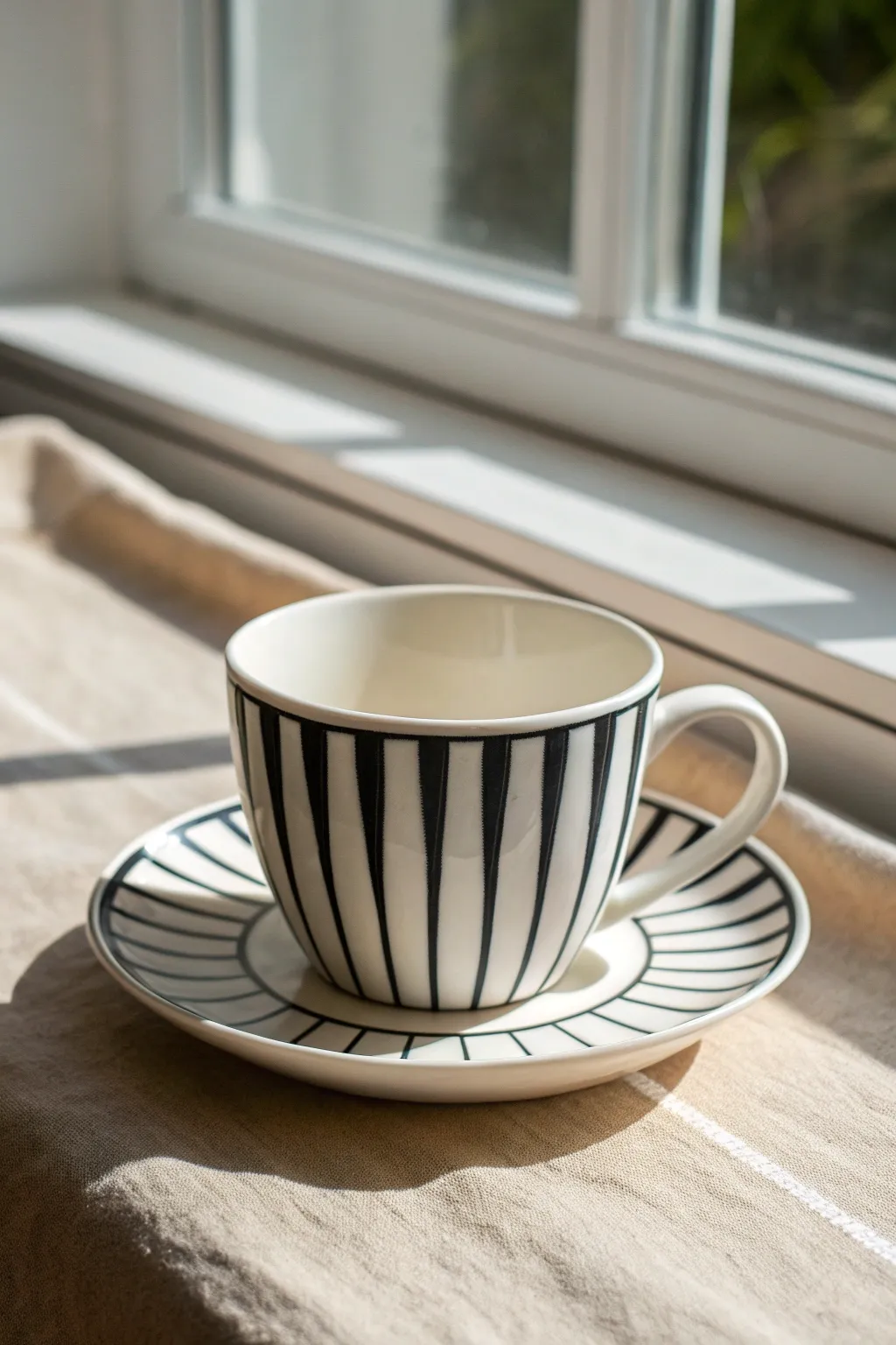 Monochrome striped tea cup with graphic bands, a minimalist statement for cozy tea rituals.