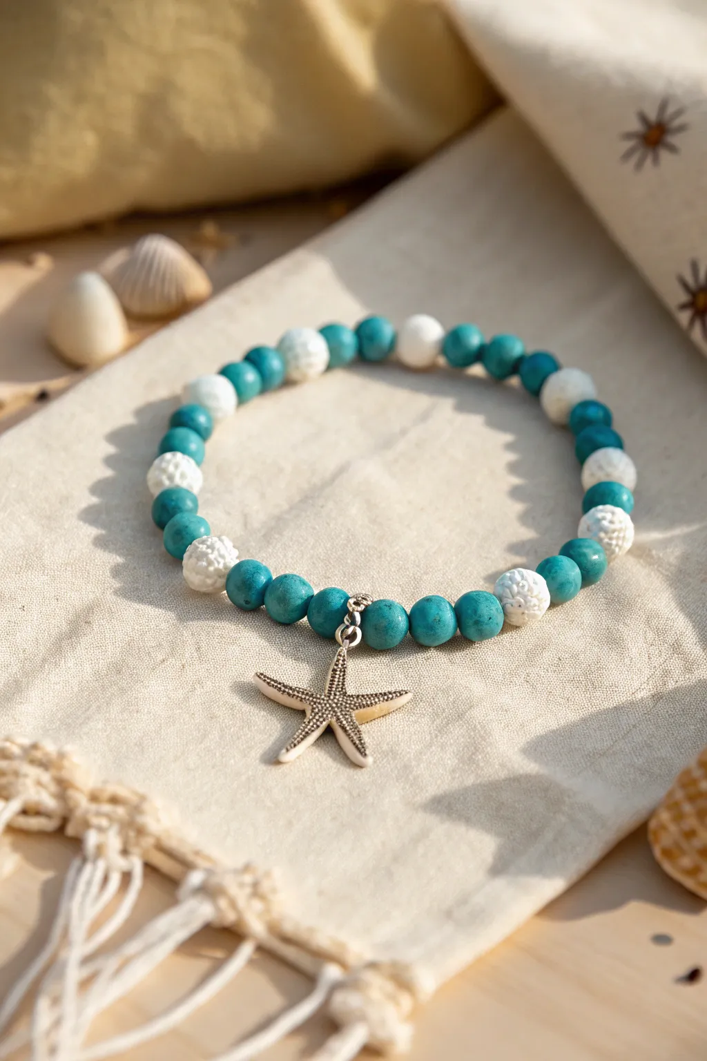 Starfish charm bracelet with teal and white clay beads, minimalist summer boho vibe