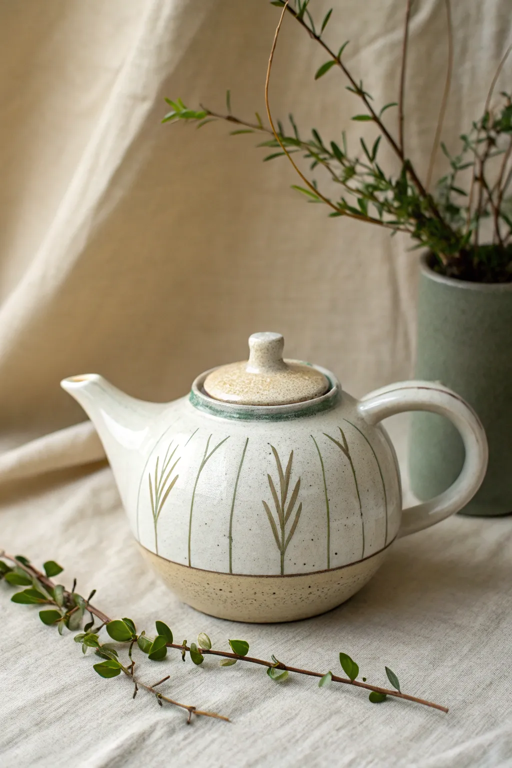 Minimal growing stem border on a clean white teapot, Scandinavian calm with a soft boho touch.