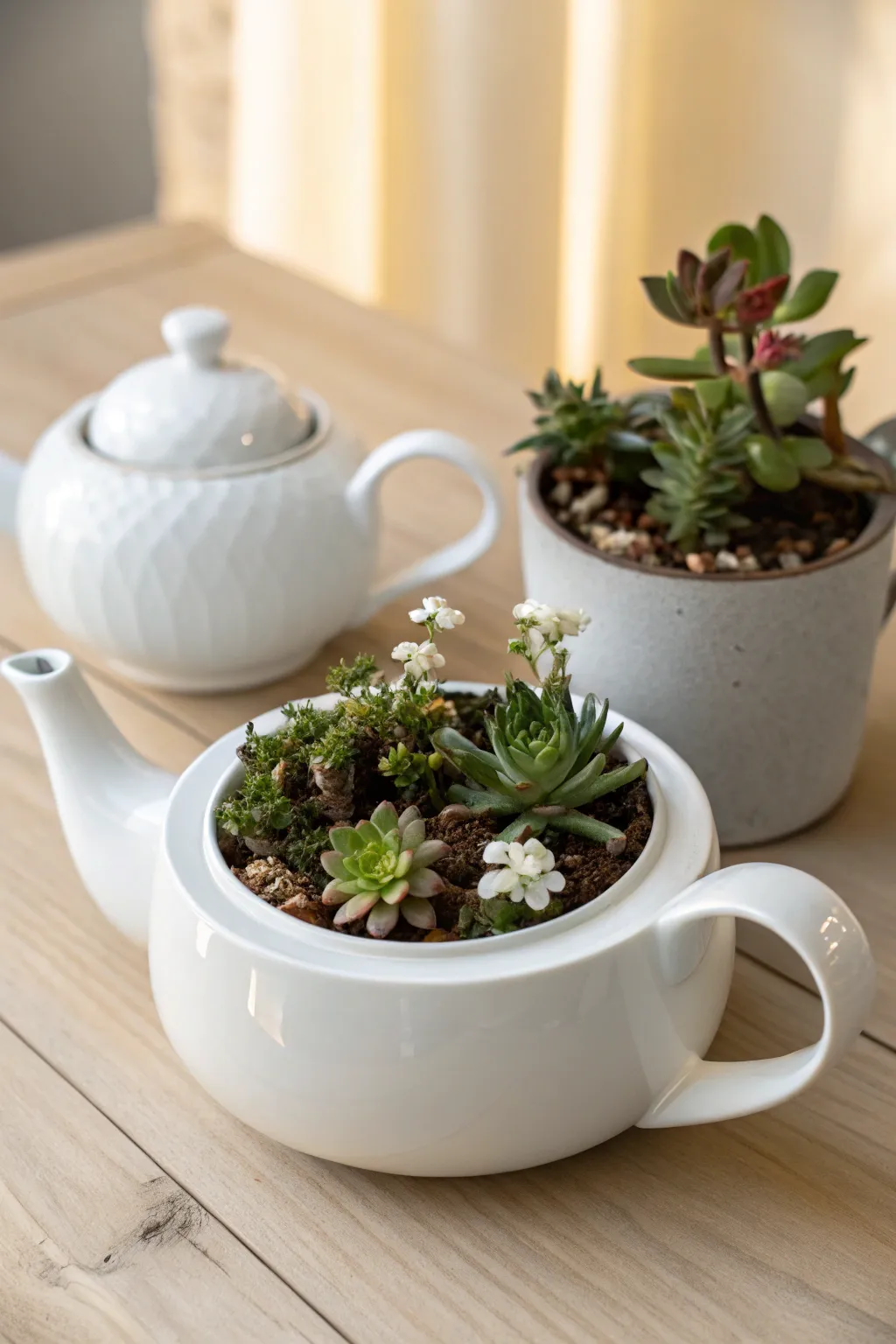 Teapot planter with tiny teacup sidekicks, styled like a calm boho tea party garden.