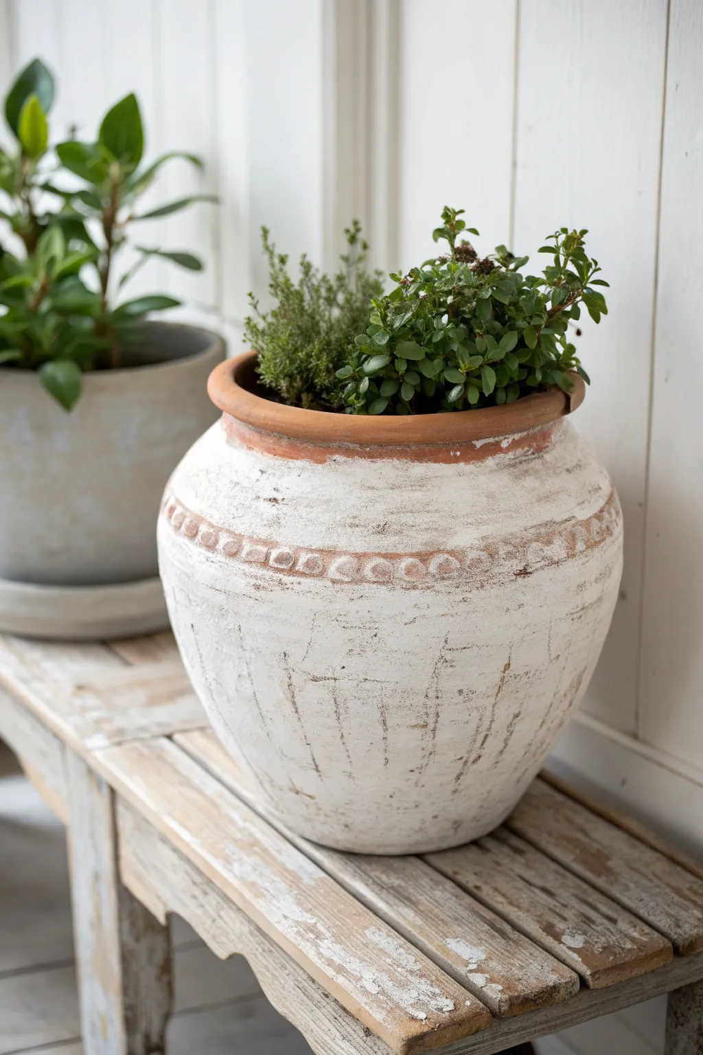 Whitewashed distressed terra cotta pot with fresh greenery for cozy cottage style charm.