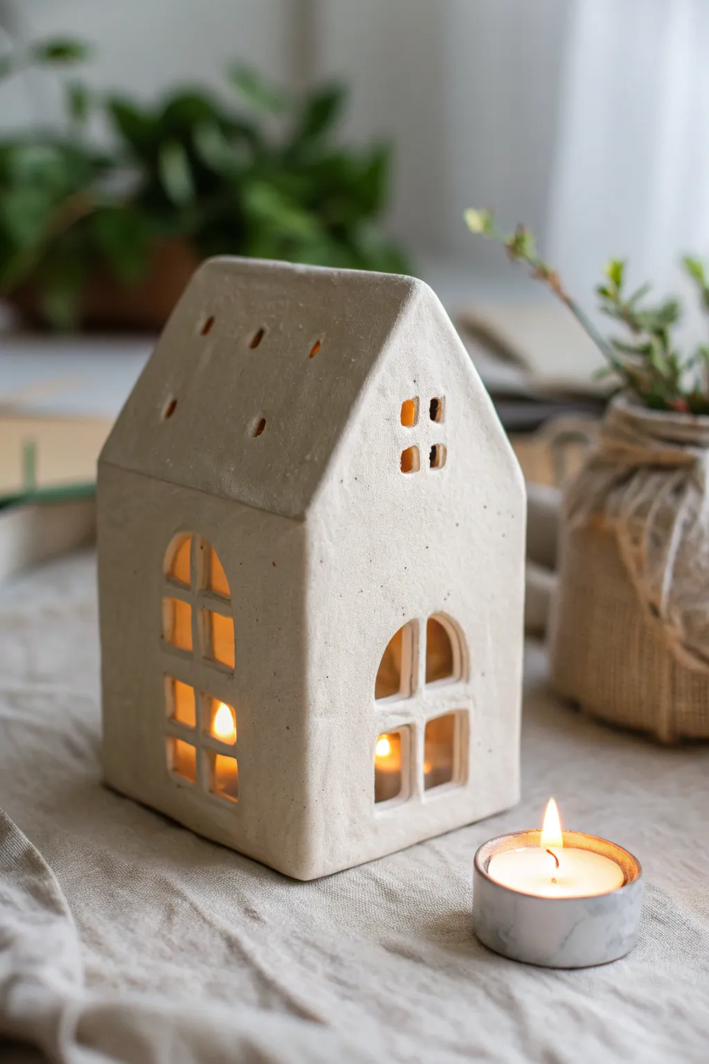 Minimal terracotta tea light house with cozy window glow for simple air dry clay decor