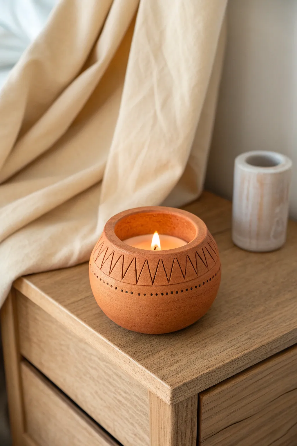 Warm terracotta tea light holder with simple carved lines for a calm, cozy bedside glow