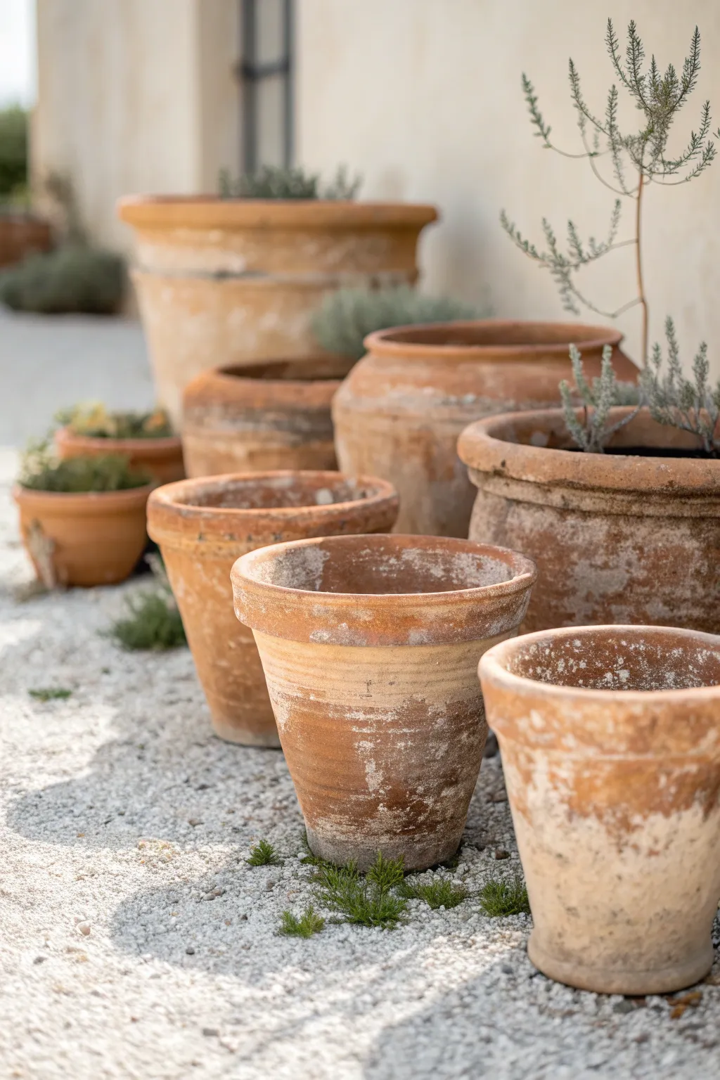 Aged terracotta patina pots on pale gravel with muted greenery for a calm old-world garden feel