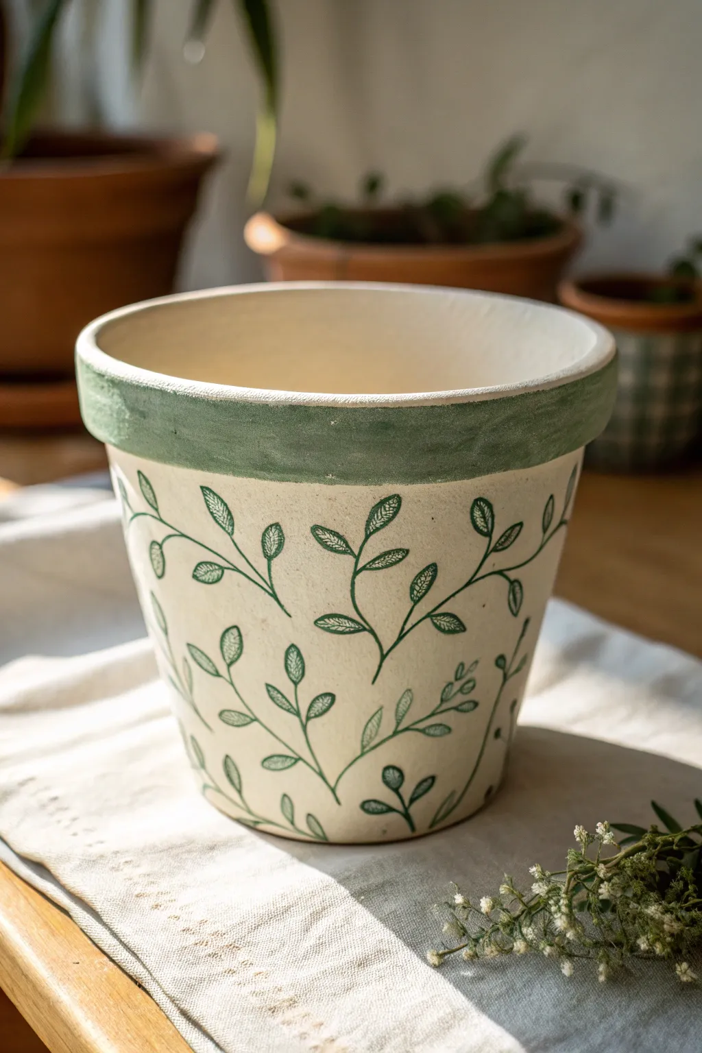 Simple sage vine designs wrap a terracotta pot for an earthy, minimalist botanical look.