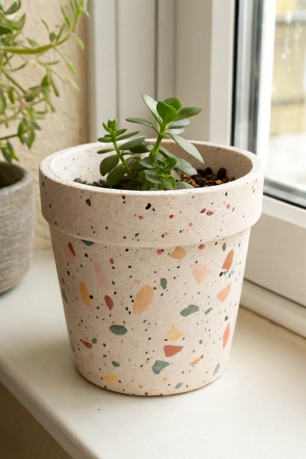 Creamy terracotta pot with terrazzo speckles, a simple plant, and calm minimalist styling